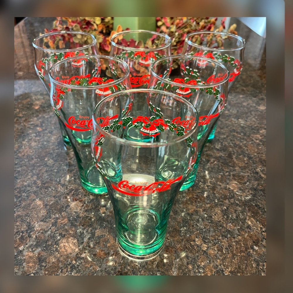 Libbey-Coca-Cola ‘Holly Bells’ Vintage Holiday Glass Set of Six